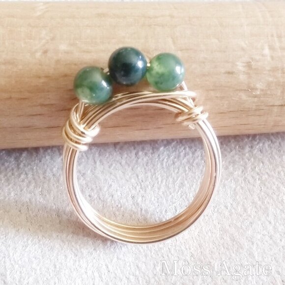 Slim Moss Agate Beaded Handmade Rings - Sturdy Every Day Wear! Copper or Brass! - Picture 3 of 12